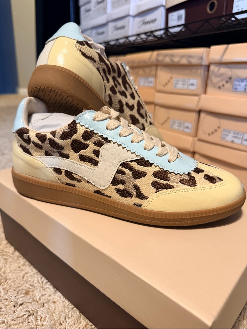 Leopard Print Women’s Casual Sneakers in Cream & Light Blue